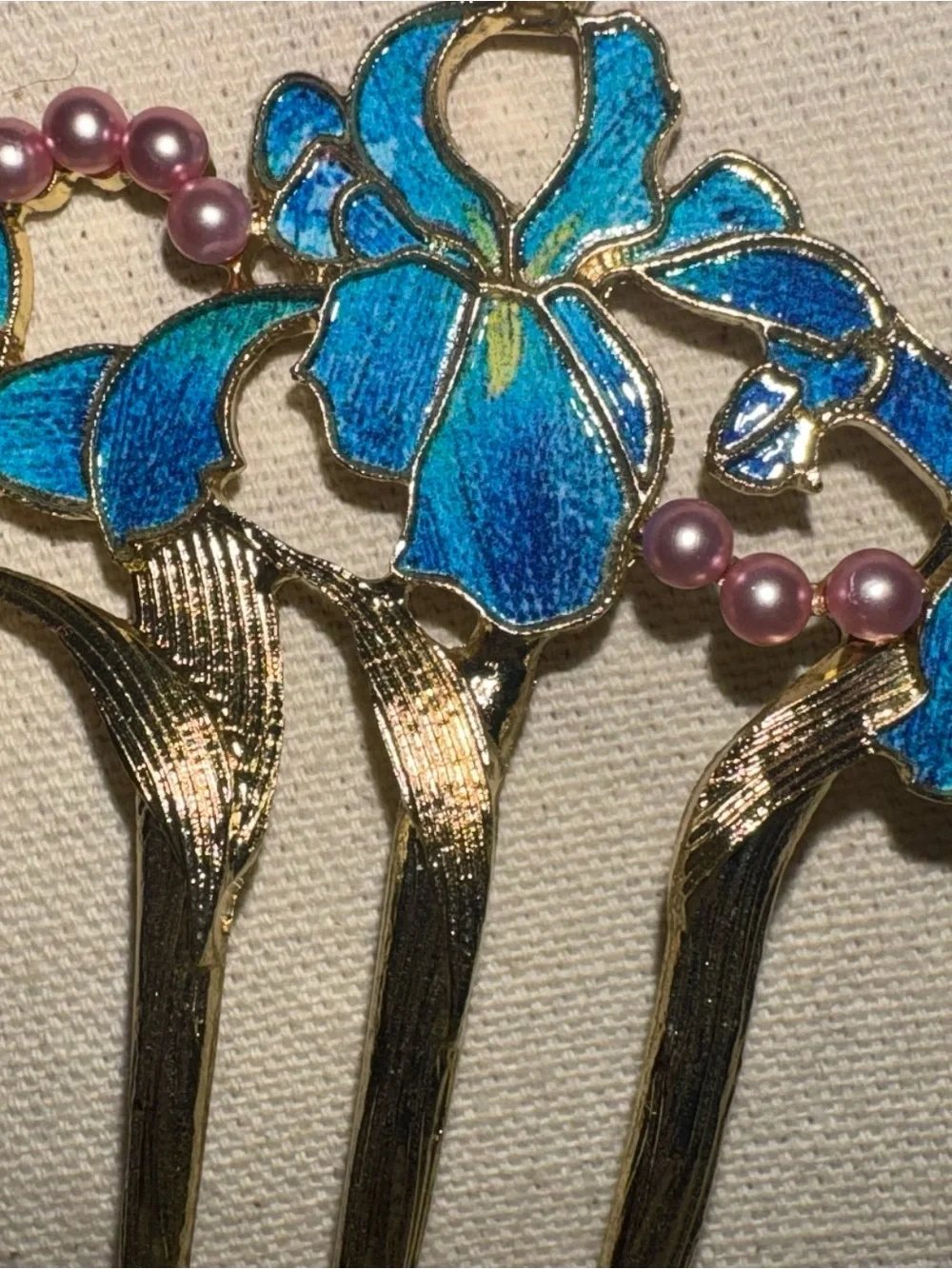 Elegant Blue & Green Enamel & Faux Pink Pearls Floral Gold Tone Metal Hair Fork